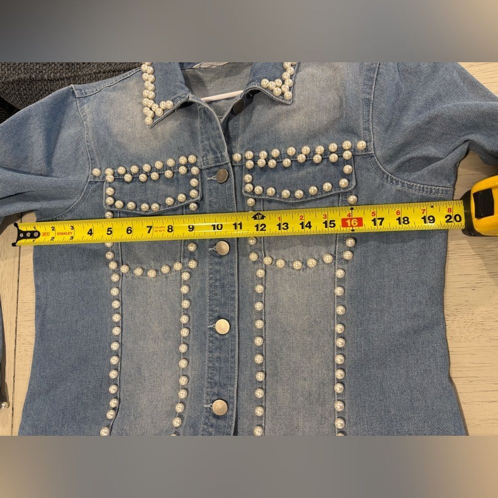 Elegant Pearl Embellished Denim Classic Jacket - Picture 10 of 15